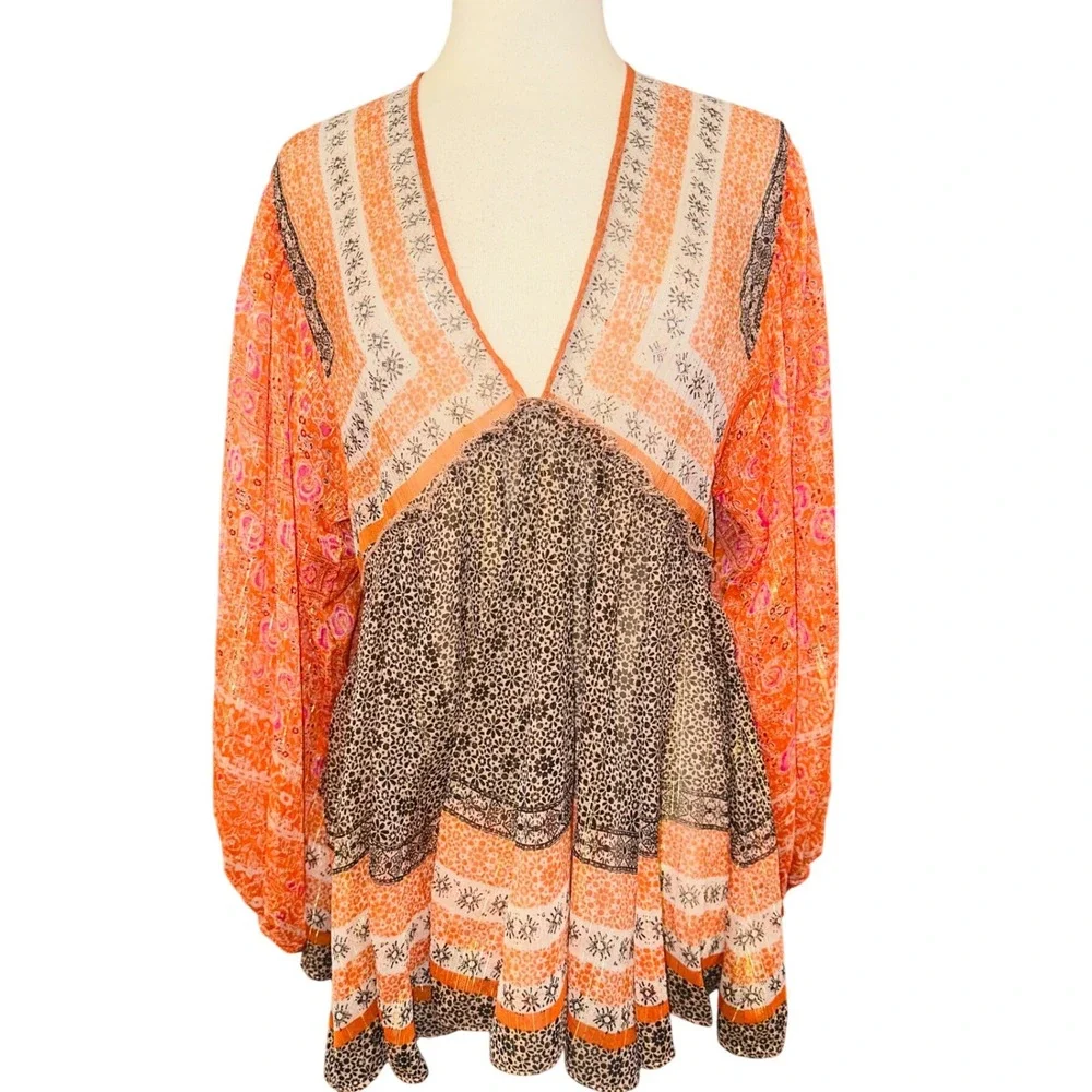 P2 Free People Aliyah Peasant Tunic Top Orange Mixed Print Metallic Boho Medium - Picture 2 of 7